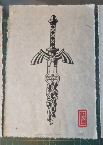 Zelda Tears of the kingdom inspired lino print Decayed master sword