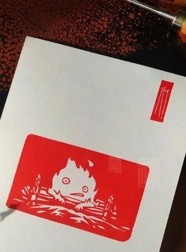 Linocut "Calcifer", Howl's Moving Castle, Ghibli, fanart, 14.8x21 cm, hand print
