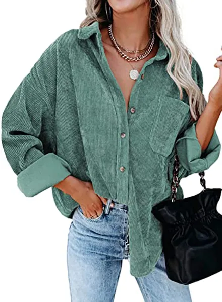 Sweezarmo Women's Corduroy Button Down Shirts Long Sleeve Casual Tops Oversized Blouses with Pockets for Women