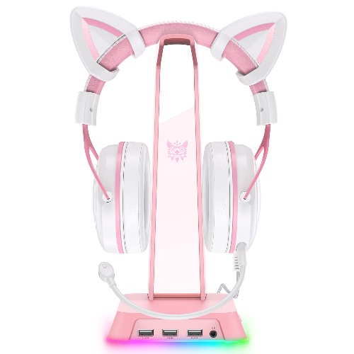 SOSISU RGB Headphones Stand with 3.5mm AUX and 3 USB 2.0 Ports, Gaming Headset Holder Hanger with Non-Slip Rubber Base for SOSISU Gaming Headset(Not Included), PC, Desktop (Pink) - Multi-color,Pink