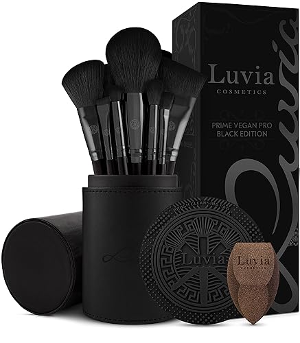 Luvia Prime Vegan Pro Make-Up Brush Set, Black, 12 Makeup Brushes Including Brush Storage, Blender Sponge & Cleaning Mat for Cosmetic Brushes, Black & Rose Gold - Single