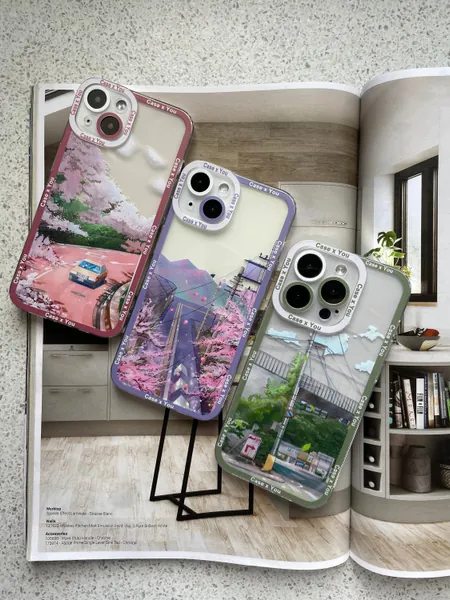 Japanese Landscape Pink Purple Green Anime Phone Case For iPhone 14 13 12 Pro Max Mini 11 Pro Max