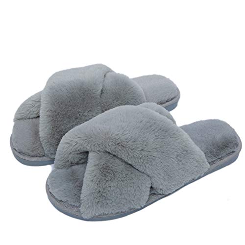Slippers Womens Fluffy Slides Open Toe Slippers for Ladies Faux Fur Slippers Cute Comfortable House Slippers for Girls - 6/7 UK - 02 Grey