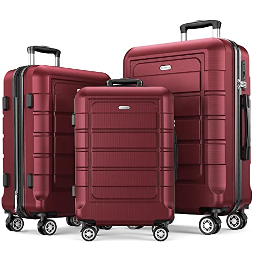 SHOWKOO Luggage Sets 3 Piece Hard Shell PC+ABS Expandable Lightweight Durable Travel Suitcase with Spinner Wheels TSA Lock, 20" 24" 28" -Wine Red - Wine Red