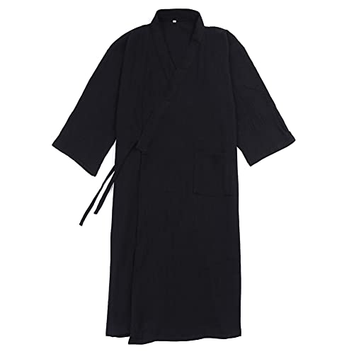 Men's Japanese Kimono Double Gauze Cotton Robe Plus Size Zen Clothing Taoist Clothing ROBE - XL - Black01
