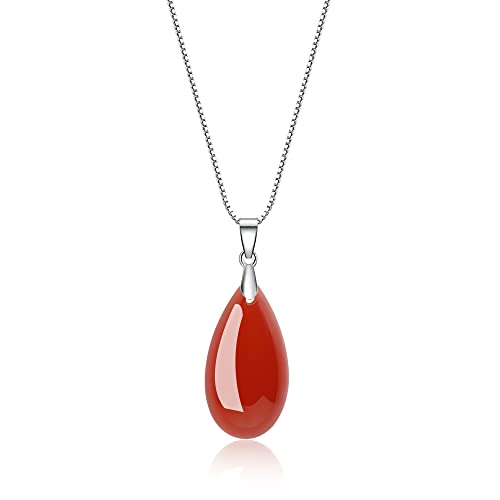 COAI 925 Sterling Silver Teardrop Stone Necklace for Women Girls - Red Agate