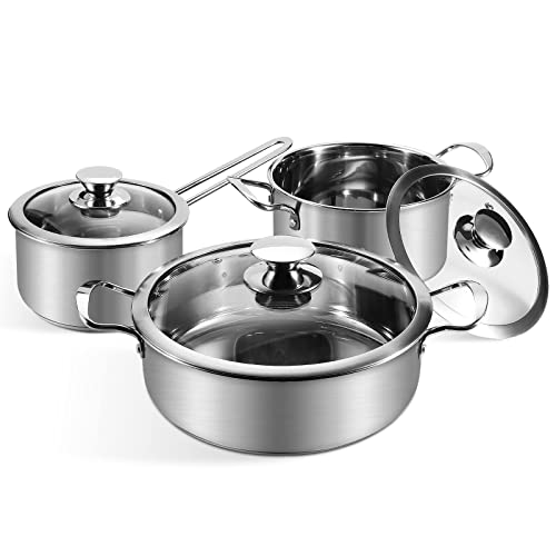 Saucepan Set 6 Pieces, Stainless Steel Pot and Pan Set, Saucepan with Glass Lids Cookware, Cookware Set Compatible with Induction, Gas and Electric Hobs