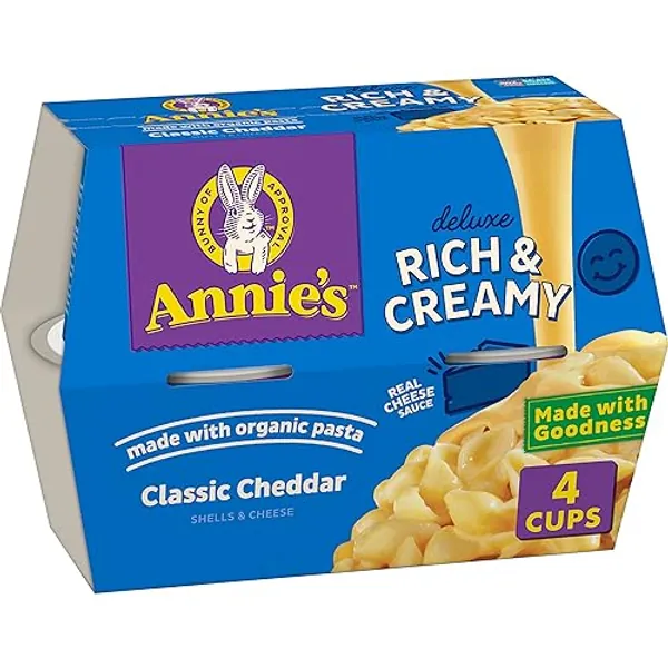 Annie's Classic Cheddar Deluxe Rich and Creamy Microwave Mac & Cheese with Organic Pasta, 4 Ct, 2.6 OZ Cups - Classic Cheddar - 2.6 Ounce (Pack of 4)