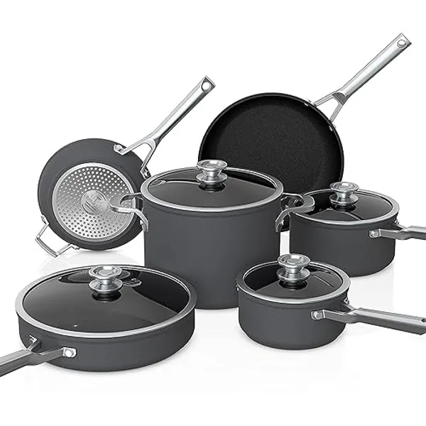 Ninja NeverStick Premium 10 Piece Pots & Frying Pans Set, with Glass Lids, Nesting, Hard Anodized, Kitchen Cookware Sets Nonstick, Durable & Oven Safe to 500°F, Slate Grey, C59500 - 10pc Set