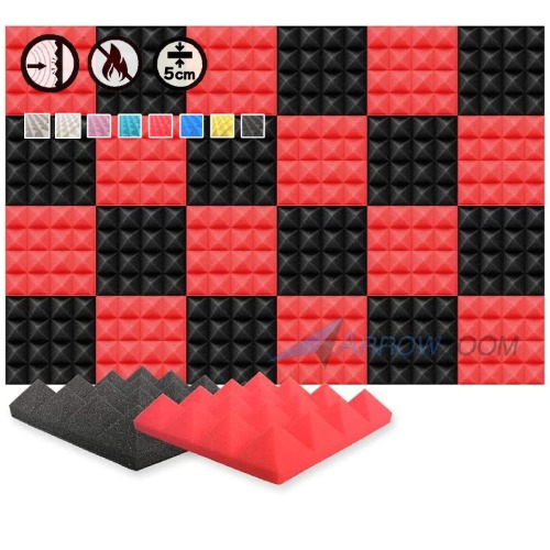 Arrowzoom 24 Akkustik Platten Akkustikschaumstoffmatten Akustikschaumstoff 25x25x5cm Fliesen Dämmung Wanddeko Pyramiden Noppenschaumstoff Breitbandabsorber Decke Foam Feuerhemmend Rot Schwarz - 25 x 25 x 5 cm Rot / Schwarz