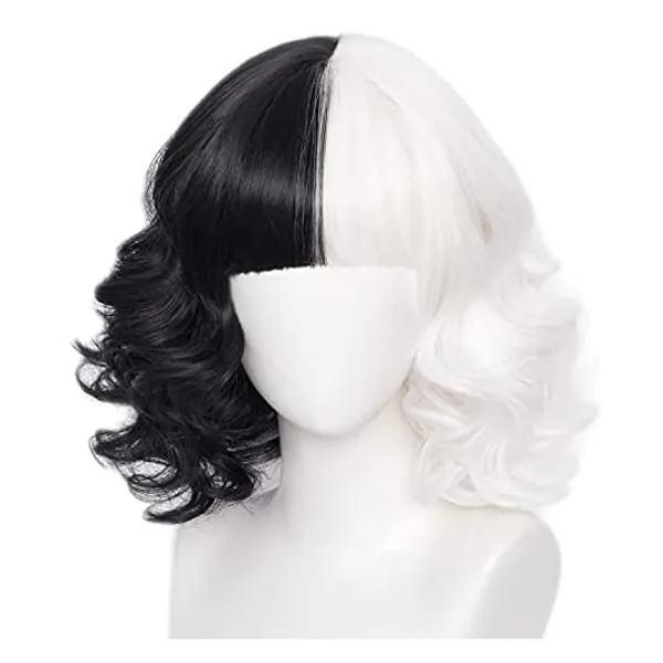 
                            Uniquebe Black and White Wig Short Bob Wigs with Bangs Wavy Wig 12" Length Wig for Cruella Deville Girl Curly Cosplay Wig
                        