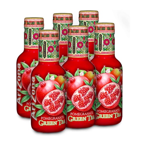 Arizona Pomegranate Green Tea, Pack Of 6 x 500ml PET Bottles, Delicious Fruity Iced Tea Drink, No Artificial Colours, No Artificial Preservatives