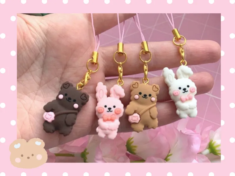Bear and bunny cute phone charm. Planner charm. Dust plug charm. Tamagotchi charm. Switch charm. Kawaii keychain.