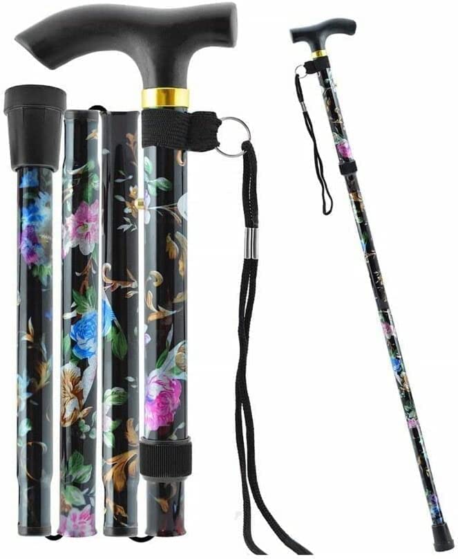 Aspect Folding Walking Sticks for Women and Men | Adjustable Walking Cane with Ergonomic Handle and Wrist Strap | Floral Lightweight Collapsible Walking Sticks - Black Floral