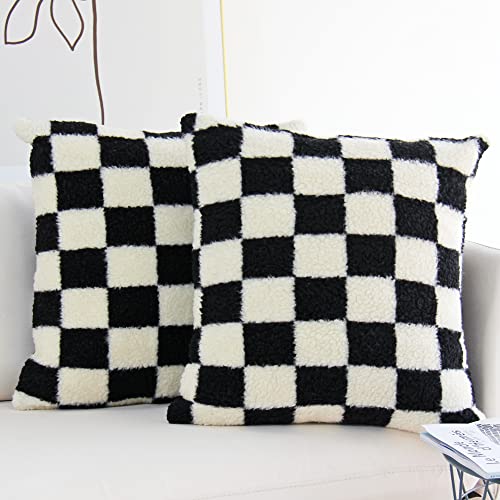 JOJUSIS Decorative Throw Pillow Covers Luxury Style Checkerboard Pattern Cushion Case Super Soft Faux Fur Wool Pillowcases for Couch Bedroom Pack of 2 (Black, 18 x 18-Inch) - Black - 18 x 18-Inch