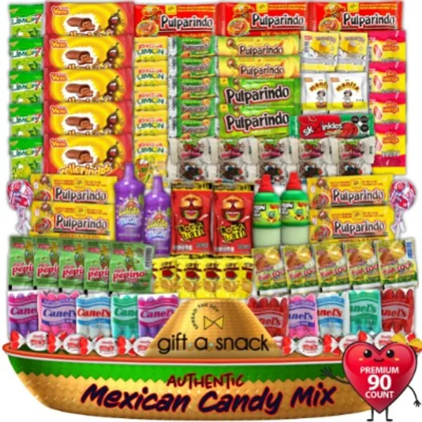 Mexican Candy Mix Dulces Mexicanos, Snack Food Gift Box Variety Pack (90 Count) Bulk Assortment of Spicy Sweet & Sour Mexicano Candies, Rockaleta Lollipop, Luca, Pelon, Pulparindo, Rellerindo Prime