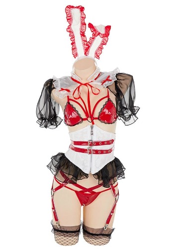 Ruffled Red Latex Harness Bunny Cosplay - S