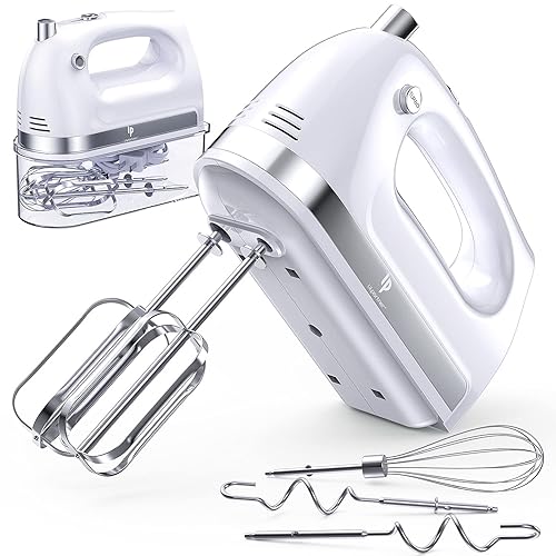 Hand Mixer Electric, 400w Ultra Power Kitchen Handheld Mixer with 2x5 Speed(Turbo Boost & Automatic Speed), Storage Case, 5 Stainless Steel Accessories for Easy Whipping, Baking, Cake - White