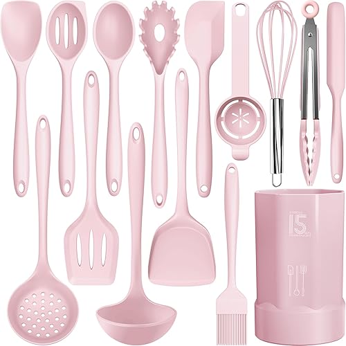 Silicone Cooking Utensils Set - 446°F Heat Resistant Kitchen Utensils,Turner Tongs,Spatula,Spoon,Brush,Whisk,Kitchen Utensil Gadgets Tools Set for Nonstick Cookware,Dishwasher Safe BPA Free(Pink) - Pink