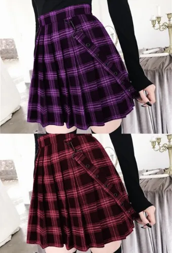 Red Gothic Punk Dark Style Women Girls Harajuku Style Daily Fashion High Waist Plaid Pleated Mini Skirt
