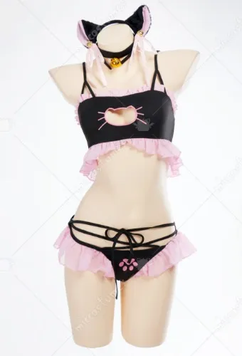 Lingerie Set with Ruffles Kawaii Cat Lingerie Top and Panties Open Chest Style