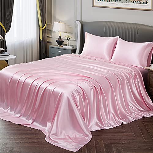 Vonty Satin Sheets Queen Size Silky Soft Satin Bed Sheets Pink Satin Sheet Set, 1 Deep Pocket Fitted Sheet + 1 Flat Sheet + 2 Pillowcases - Queen - Pink