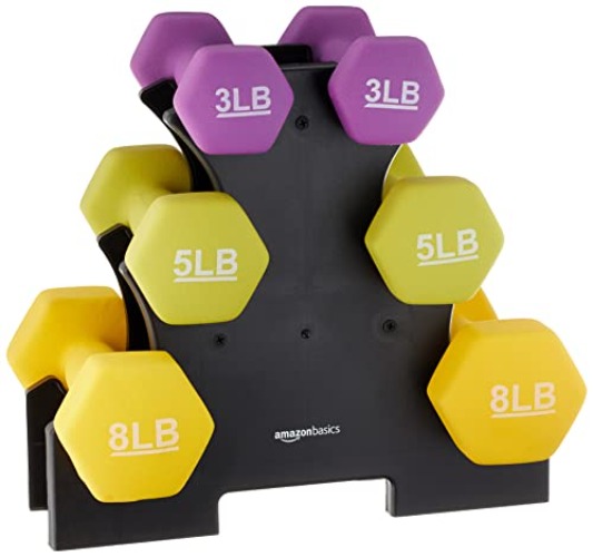 Amazon Basics Easy Grip Workout Dumbbell, Neoprene Coated, Various Sets and Weights available - Rack with 3 Pairs - 3 Lb, 5 Lb, 8 Lb