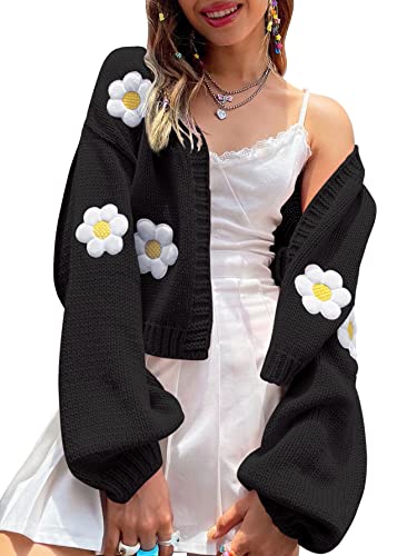 Womens Y2K Cardigan Sweaters Long Sleeve Open Front Cropped Flower Knit Cardigan Aesthetic 90s Shrug Back to College Outfits - Large - Black