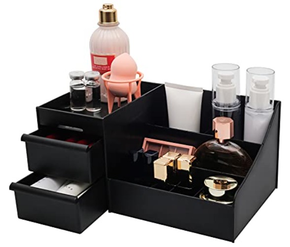 Simbuy Makeup Organizer for Vanity, Bathroom Countertop Organizer with Drawers for Cosmetics, Skin Care, Lipstick, Brushes, Lotions, Eyeshadow, Nail Polish and Jewelry(Black) - Black
