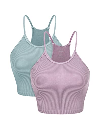 ODODOS Women's Crop 3-Pack Washed Seamless Rib-Knit Camisole Crop Tank Tops - Acid Wash Lilac+vintage Blue (Crop) - X-Small-Small