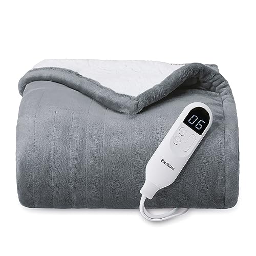 Bedsure Heated Blanket Electric Blanket - Soft Flannel Electric Throw, Heating Blanket with 4 Time Settings, 6 Heat Settings, and 3 hrs Timer Auto Shut Off (50x60 inches, Grey) - 01 - Grey - Throw