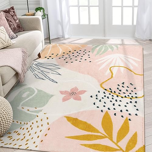 Lahome Pink Carpet for Living Room - 4x6 Area Rug for Bedroom Washable Non-Slip Boho Rug Throw Cute Soft Nursery Kids Rug, Abstract Botanical Print Indoor Rugs for Kitchen Entryway Laundry Dining Room - 4' x 6' - Pink