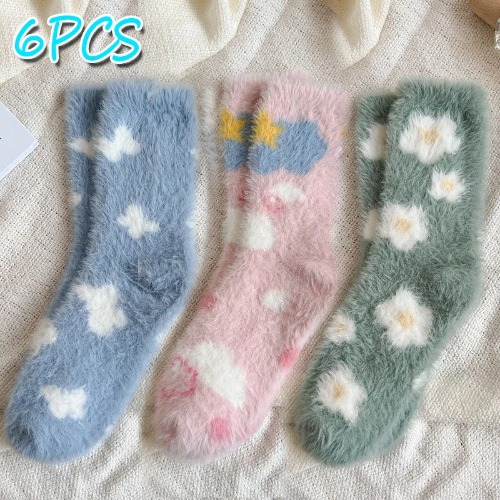 Cozy Colorful Fluffy Plush Tube Socks - 3pairs-blue pink green / One Size