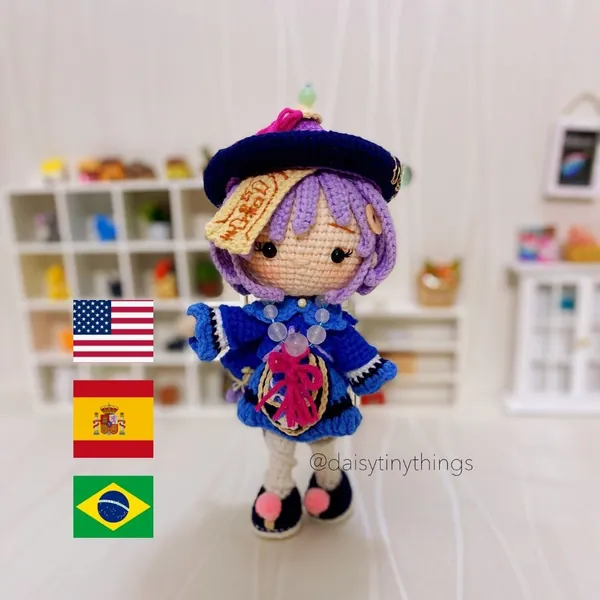 Amigurumi qiqi doll crochet pattern, amigurumi chibi doll PDF pattern in English (US term), Spanish (Español), Português.