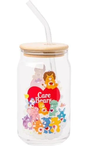 Silver Buffalo Care Bear Cousins Group Clouds Logo 16oz Glass Tumbler w Bamboo Lid and Glass Straw