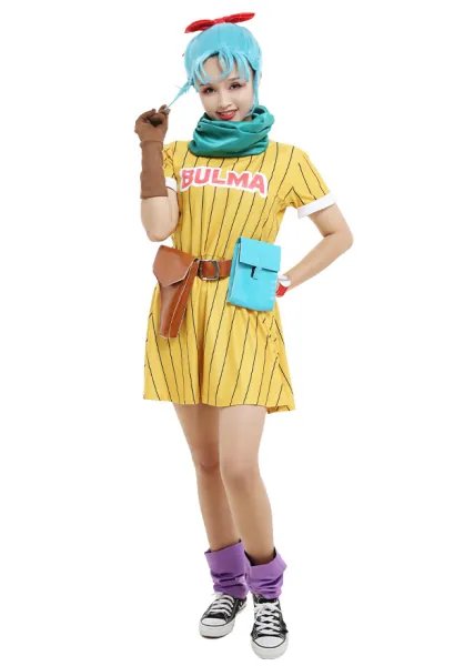 Dragon Ball Z Bulma Cosplay Costume Dress with Scarf and Belt