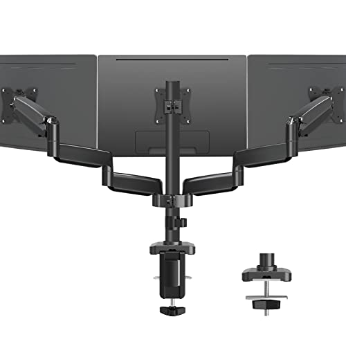 MOUNTUP Triple Monitor Mount, 3 Monitor Stand Desk Arm for Max 32 Inch Computer Screens, Max Extension 64.5" Gas Spring Triple Monitor Holder Support 2.2-17.6lbs, VESA Bracket with Clamp/Grommet Base - 32 Inch - Black