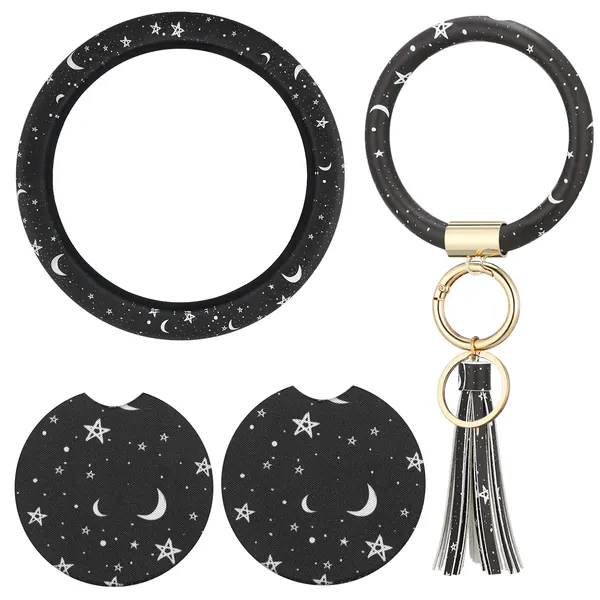 4 Pieces Black Moons White Stars Print Car Accessories Set Black Moons White Stars Steering Wheel Cover with 2 Pieces Car Cup Holder and Leather Keyring for Car Truck SUV - Classic Pattern