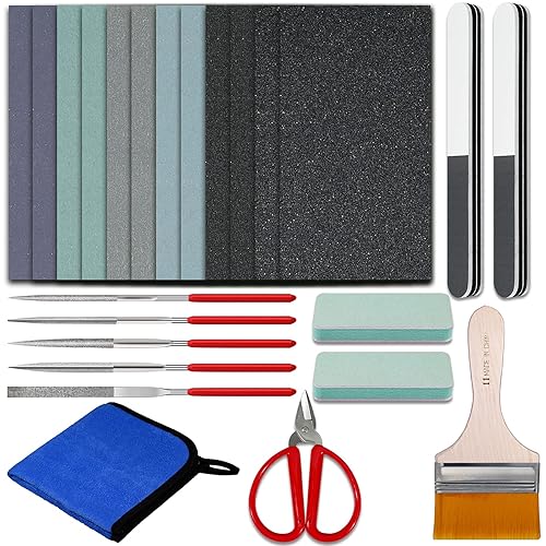Sakolla Resin Polishing Kit - 24 PCS Resin Supplies Casting Tools Set with Sandpaper, Resin File Kit, Polishing Strips Blocks, Scissors, Wooden Brush, Cloth for Epoxy Resin, Jewelry Making Supplies - 24