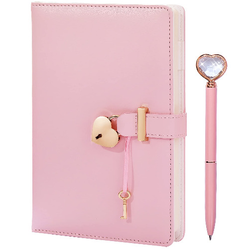 Heart Shaped Lock Diary with Key&Heart Diamond Pen Set,PU Leather Cover,A5,Journal Secret Notebook Gift for Women Girls (A5(8.5"*5.7"), Pink) - A5(8.5"*5.7") Pink
