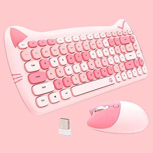 Cute Cat Keyboard and Mouse Combo Wireless, Kawaii Keyboard and Mouse for Girls and Kids, Soundless Colorful Keys, Compatible with Notebook, PC (Pink-84Keys) - Pink-84Keys