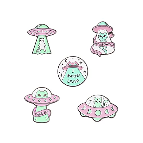 Enamel Cartoon Brooch Pins Set Creative UFO Spaceship Alien Brooch Cute Mushroom Cat Frog Hedgehog Animal Brooch Lapel Backpack Badge Hat Clothes Bag Decoration Accessories Gifts for Women Girls - UFO Spacecraft