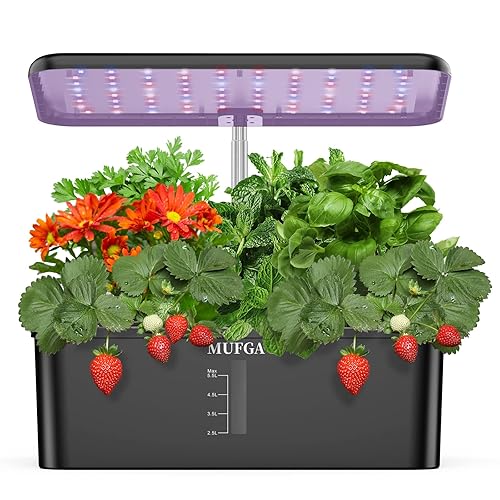 MUFGA 12 Pods Hydroponics Growing System, Indoor Garden with LED Grow Light, Plants Germination Kit, Mini Herb Garden with Pump System, Height Adjustable (No Seed) - 12 pods