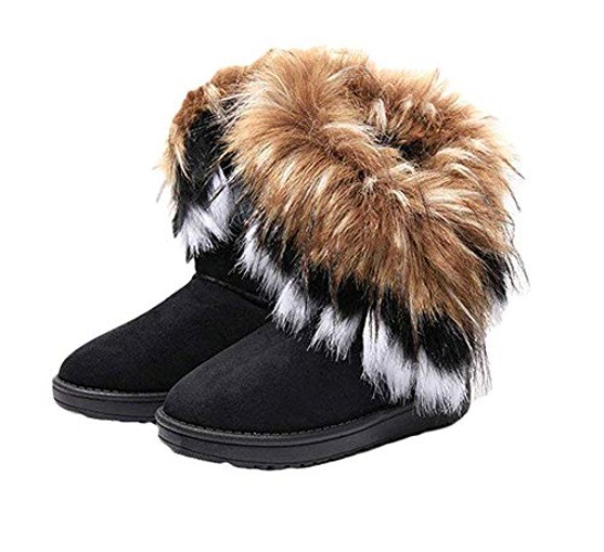 Naughtyangel Women Winter Warm Snow Ankle Boots Low Heels Faux Fox Rabbit Fur Tassel Shoes - 10 - Black