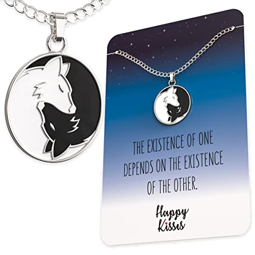 Happy Kisses Wolf Yin Yang Necklace – Friendship, Love, and Balance Pendant – Cute Silver Charm with Message Card
