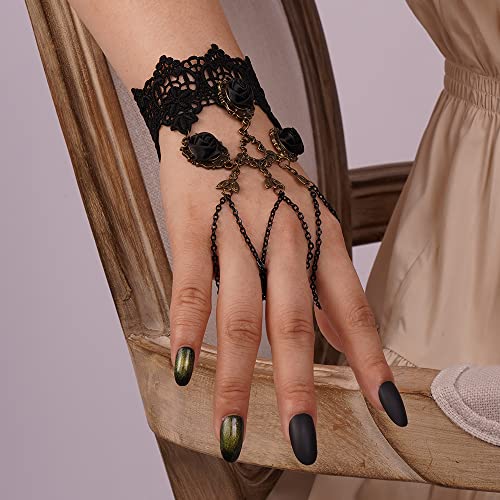 Kercisbeauty Black Rose Floral Lack Bracelet with Finger Ring Gothic Hand Chain Retro Gold Metal Pendant Wrist Chain for Women Girls Halloween Party Jewelry (Style 5)