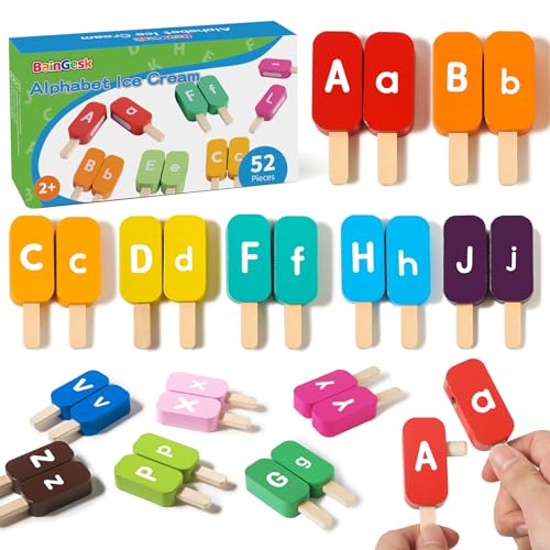 Alphabet Ice Cream Matching Toy, 52 PCS ABC Learning Toys for Toddlers, Wooden Letters Game with Upper & Lowercase, Montessori Fine Motor Skills Toys, Classroom Must Haves, Gifts for 2 3 4 5 Year Old