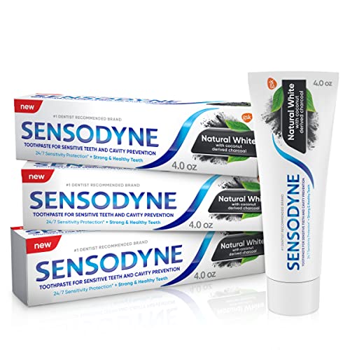 Sensodyne Natural White Whitening Toothpaste, Charcoal Toothpaste for Whitening Teeth, Mint - 4 oz (Pack of 3) - 4 Ounce (Pack of 3)