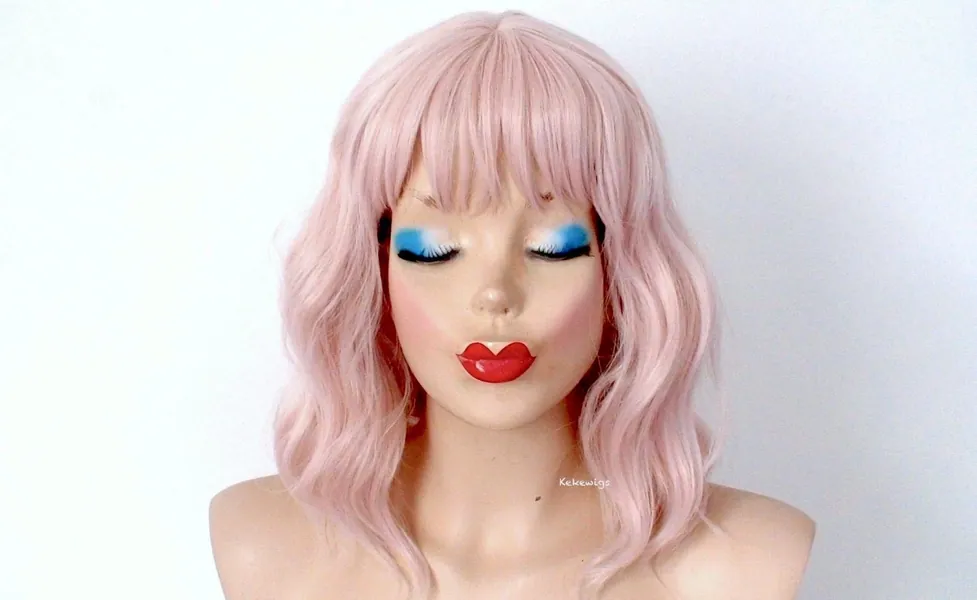Pink wig. Antique peach pink wig. 16" Wavy hair wig. Heat friendly synthetic hair wig.