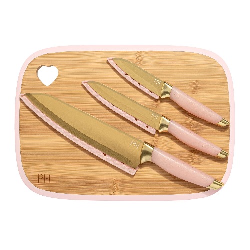 Paris Hilton Reversible Bamboo Cutting Board and Cutlery Set with Matching High Carbon Stainless Steel Knives, Blade Guards, Sleek Yet Comfortable Handle Grips, 7-Piece Set Gold, Pink - 7-Piece Cutlery Set $66.10